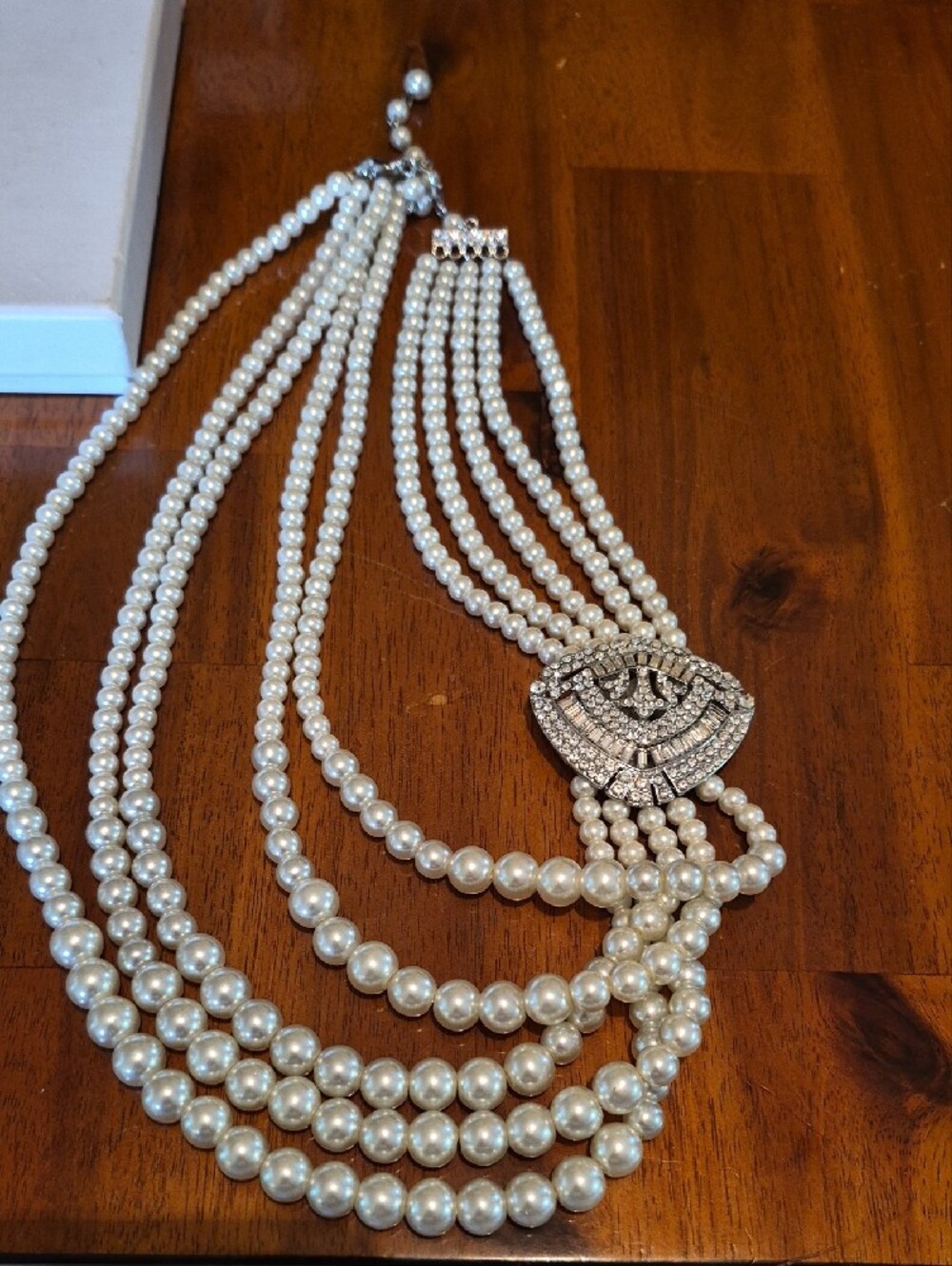 Multi-Strand Faux Pearl Necklace with Crystal Clasp - Ivory - Picture 4 of 4